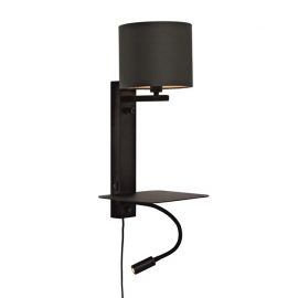 Aplice, corpuri de iluminat pentru pereti - Aplica cu raft, reader LED, mufa USB si abajur textil negru Florence