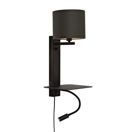 Aplice, corpuri de iluminat pentru pereti - Aplica cu raft, reader LED, mufa USB si abajur textil negru Florence