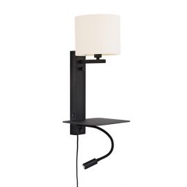 Aplice, corpuri de iluminat pentru pereti - Aplica cu raft, reader LED, mufa USB si abajur textil alb Florence