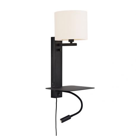 Aplice, corpuri de iluminat pentru pereti - Aplica cu raft, reader LED, mufa USB si abajur textil alb Florence