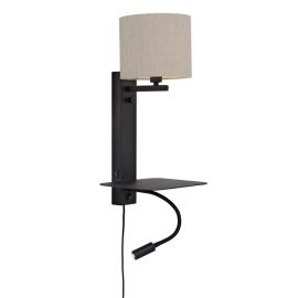 Aplice, corpuri de iluminat pentru pereti - Aplica cu raft, reader LED, mufa USB si abajur textil in deschis Florence