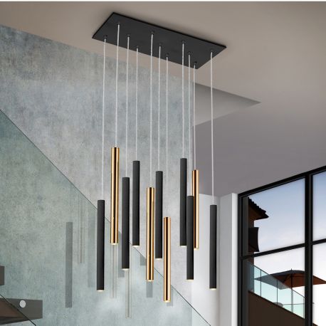 Pendule, Lustre suspendate - Lustra dimabila cu telecomanda, 11 pendule LED design modern Varas negru/auriu