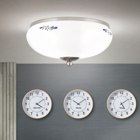 Plafoniere - Plafoniera clasica Landhaus 28cm crom satin/ sticla opal decor albastru