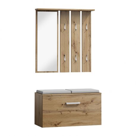 Garderobe - Set pentru hol, bancheta, cuier cu oglinda, P-001 stejar wotan