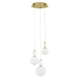 Lustra LED cu 3 pendule, dimabila, design modern Hook auriu, opal alb 39cm
