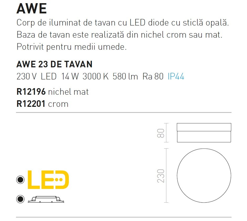 Plafoniera Led Pentru Baie Ip Awe Crom Iluminat Pentru Baie