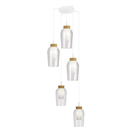 Pendule, Lustre suspendate - Lustra cu 5 pendule design modern Nora alb/ lemn