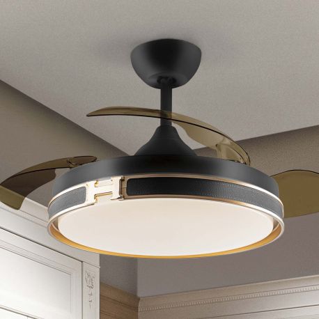 Lustre cu ventilator - Lustra LED cu Ventilator si telecomanda, lame retractabile HERON negru/auriu