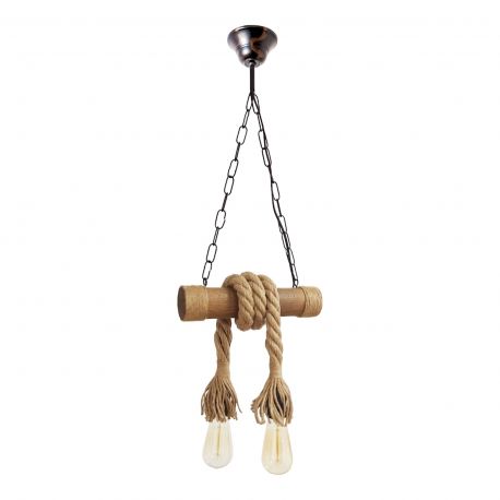 Pendule, Lustre suspendate - Lustra rustica fabricata manual cu 2 pendule din lemn si sfoara KOS