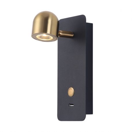 Aplice, corpuri de iluminat pentru pereti - Aplica cu spot LED directionabil, USB Charger Bran negru/alama