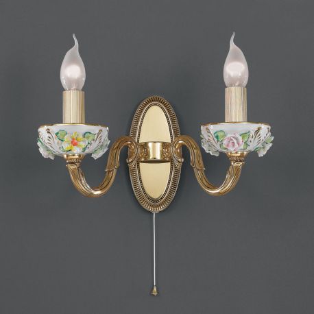 Aplice, corpuri de iluminat pentru pereti - Aplica de perete design clasic din alama decorat cu flori ceramice 9110