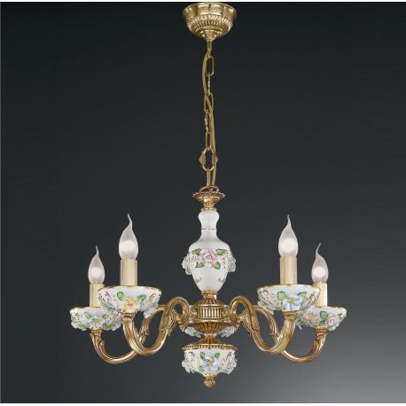 Candelabre, Lustre - Candelabru design clasic din alama decorat cu flori ceramice 9110