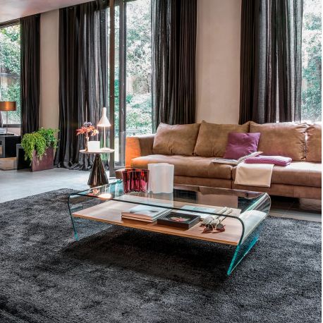 Masute Living - Masuta de Cafea Design LUX, Sticla Curbata, Lemn, Amaranto