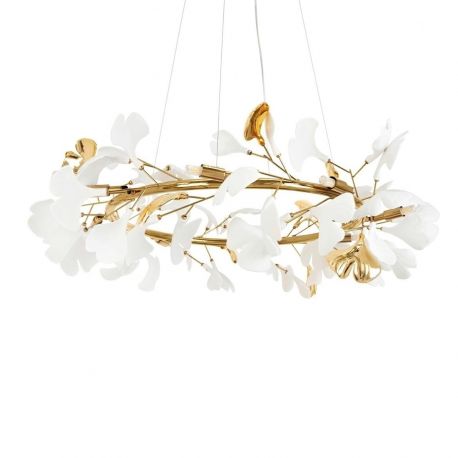 Pendule, Lustre suspendate - Lustra Suspendata, Metal Auriu, Petale Flori Albe Ceramice, FLORA 80