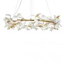 Lustra Suspendata, Metal Auriu, Petale Flori Albe Ceramice, FLORA 120
