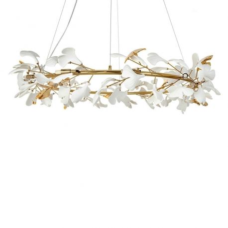 Pendule, Lustre suspendate - Lustra Suspendata, Metal Auriu, Petale Flori Albe Ceramice, FLORA 120