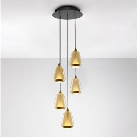 Pendule, Lustre suspendate - Lustra moderna cu 5 pendule LED, Metal, Sticla, Champaign, ALISH