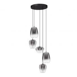 Pendule, Lustre suspendate - Lustra moderna cu 5 pendule LED, Metal, Sticla, Gri Fumuriu, OBLO