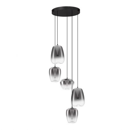 Pendule, Lustre suspendate - Lustra moderna cu 5 pendule LED, Metal, Sticla, Gri Fumuriu, OBLO