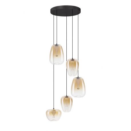 Pendule, Lustre suspendate - Lustra moderna cu 5 pendule LED, Metal, Sticla, Chihlimbar, OBLO