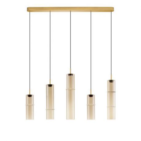 Pendule, Lustre suspendate - Lustra moderna cu 5 pendule LED, Metal, Sticla, Cognac, SANO