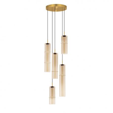 Pendule, Lustre suspendate - Lustra moderna cu 5 pendule LED, Metal, Sticla, Cognac, SANO