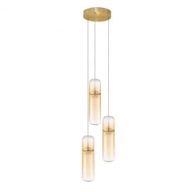 Pendule, Lustre suspendate - Lustra moderna cu 3 pendule LED, Metal, Auriu, Sticla, Amber, Norma