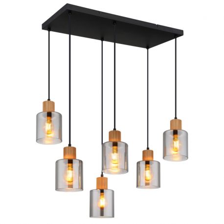Pendule, Lustre suspendate - Lustra cu 6 Pendule lemn maro sticla fumurie ALEIDIS