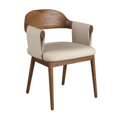 Scaune - Scaun dining imitatie de piele crem si lemn Walnut