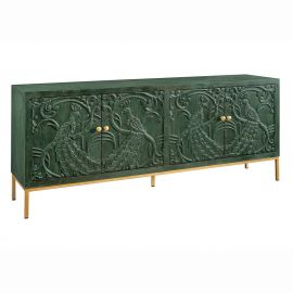 Comode - Comoda PEACOCK 175cm lemn de mango verde sculptat 3D cu design paun