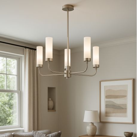 Candelabre, Lustre - Candelabru 5 brate, otel nickel, sticla alb mat PRESTON 2197
