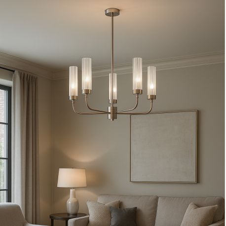 Candelabre, Lustre - Candelabru 5 brate, otel nickel, sticla canelata PRESTON 2198