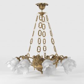 Candelabre, Lustre - Candelabru 8 brate din alama cu abajur din sticla Putti