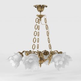 Candelabre, Lustre - Candelabru 6 brate din alama cu abajur din sticla Putti