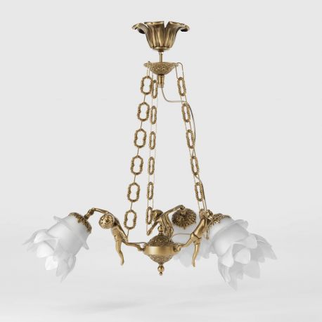 Candelabre, Lustre - Candelabru 3 brate din alama cu abajur din sticla Putti