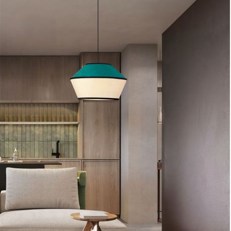 Pendule, Lustre suspendate - Lustra cu abajur stratifiat catifea Teal cu hartie naturala VELISS