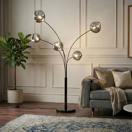 Lampadare - Lampa de podea moderna cu 5 globuri sticla fumurie LIQUID DIAMOND