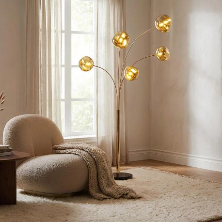 Lampadare - Lampa de podea moderna cu 5 globuri sticla aurie LIQUID DIAMOND