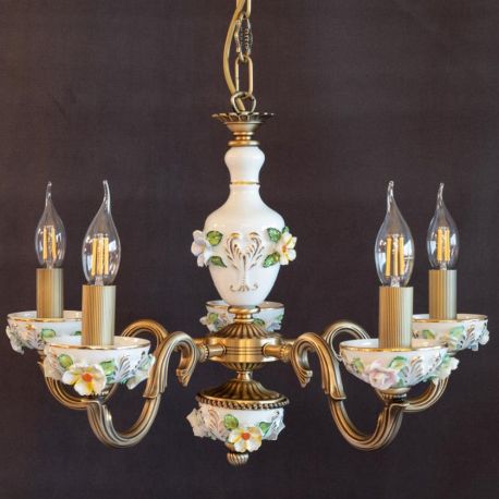 Candelabre, Lustre - Lustra design italian cu 5 brate din alama si portelan colorat 9951