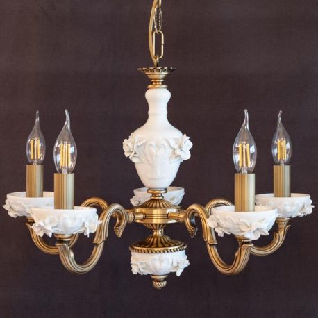 Candelabre, Lustre - Lustra design italian cu 5 brate din alama si portelan alb 9952