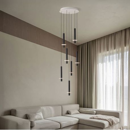 Pendule, Lustre suspendate - Lustra cu 7 Pendule tub subtire aluminiu negru si alabastru LED NOEMI