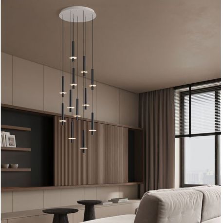 Pendule, Lustre suspendate - Lustra cu 12 Pendule tub subtire aluminiu negru si alabastru LED NOEMI