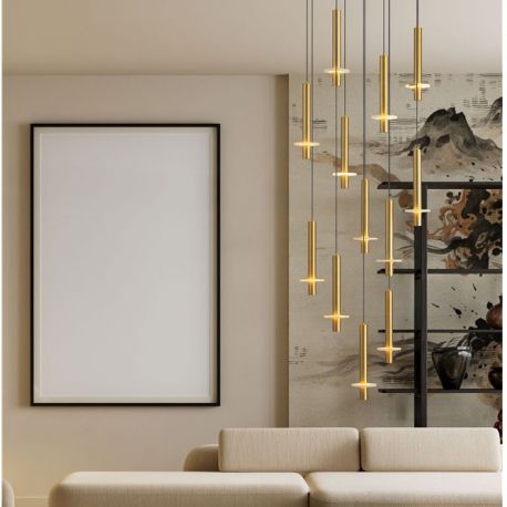 Pendule, Lustre suspendate - Lustra cu 12 Pendule tub subtire aluminiu auriu si alabastru LED NOEMI