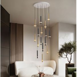 Lustra cu 16 Pendule tub subtire aluminiu auriu si negru LED NOEMI