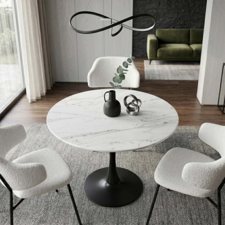 Mese dining - Masa rotunda bistro cu blat ceramic alb LYON 80cm