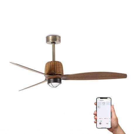 Lustre cu ventilator - Lustra LED cu Ventilator smart sistem TUYA si telecomanda WEAVER M Old gold/walnut