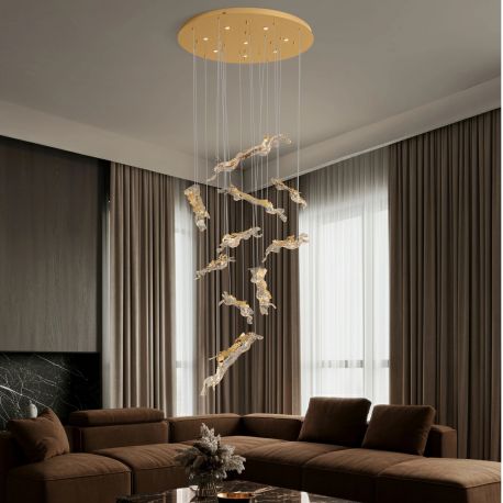 Corpuri de iluminat Lustre pentru casa scarii - Lustra casa scarii LED otel auriu si sticla transparenta AVESA