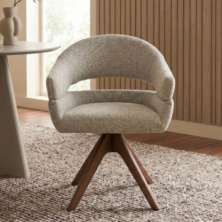Scaune - Scaun pivotant, Lemn de nuc, Material texturat bej-taupe, ORGANIKO