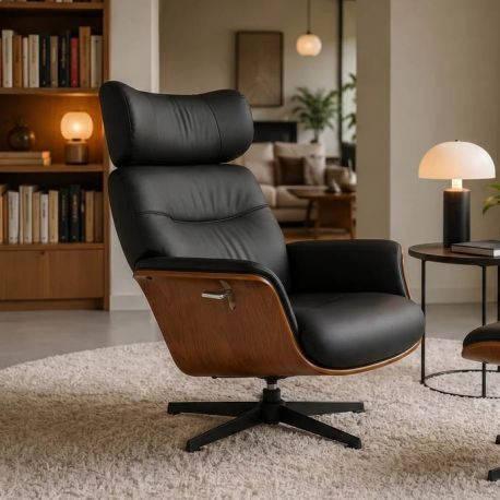 Fotolii - Fotoliu pivotant, functie relax, piele sintetica si furnir de nuc VOGUE