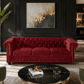 Canapele - Canapea clasica stil englezesc CHESTERFIELD 205cm, catifea rosie